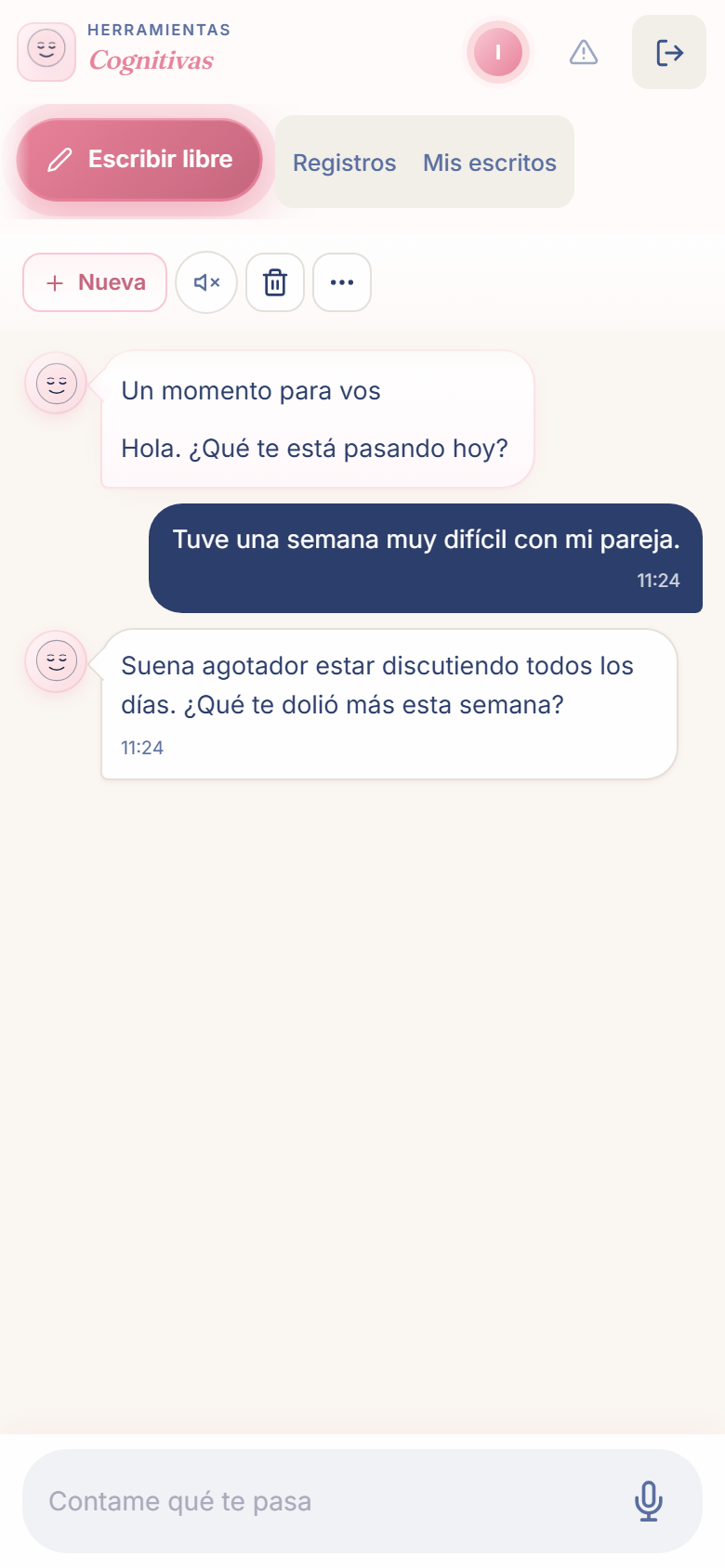 Captura real de Diario libre: entrada del paciente y modo conversacional orientado a convertir lo vivido en registro.